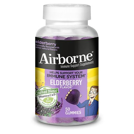 Airborne Elderberry + Zinc & Vitamin C Gummies For Adults Immune Support Vitamin D & Zinc Gummies With Powerful Antioxidant Vitamins C D & E - 50 Gummies Elderberry Flavor - 647865904038
