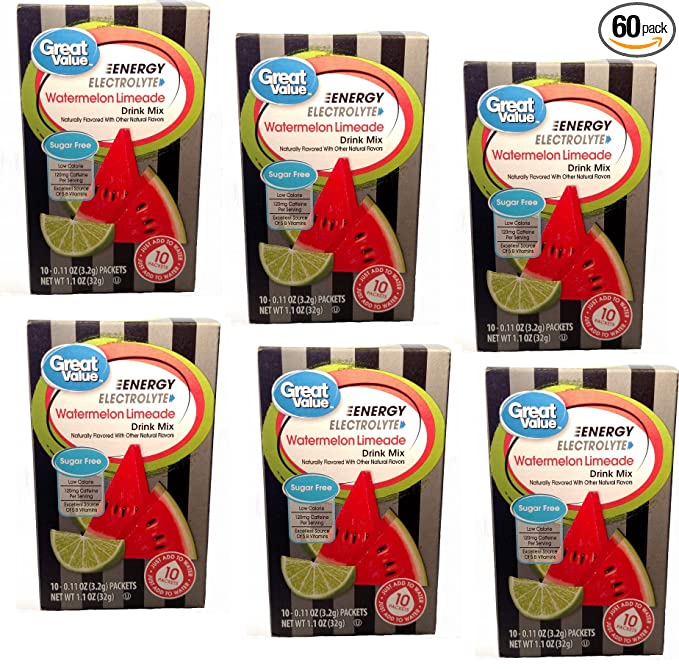  Great Value Sugar Free, Low Calorie ENERGY Watermelon Limeade Drink Mix (Pack of 6)  - 647929986987