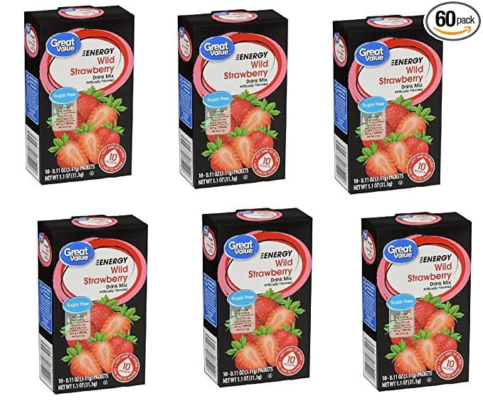  Great Value Sugar Free Low Calorie ENERGY Drink Mix WILD STRAWBERRY 10 per box (6 Pack) 60 packets  - 647929987151