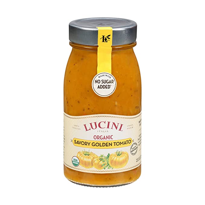 Lucini Organic Golden Tomato Sauce - Classic Italian Sauce in Glass Jar - Fresh Organic Tomatoes - No Sugar Added Pasta Sauce, 25 oz - 648505540340