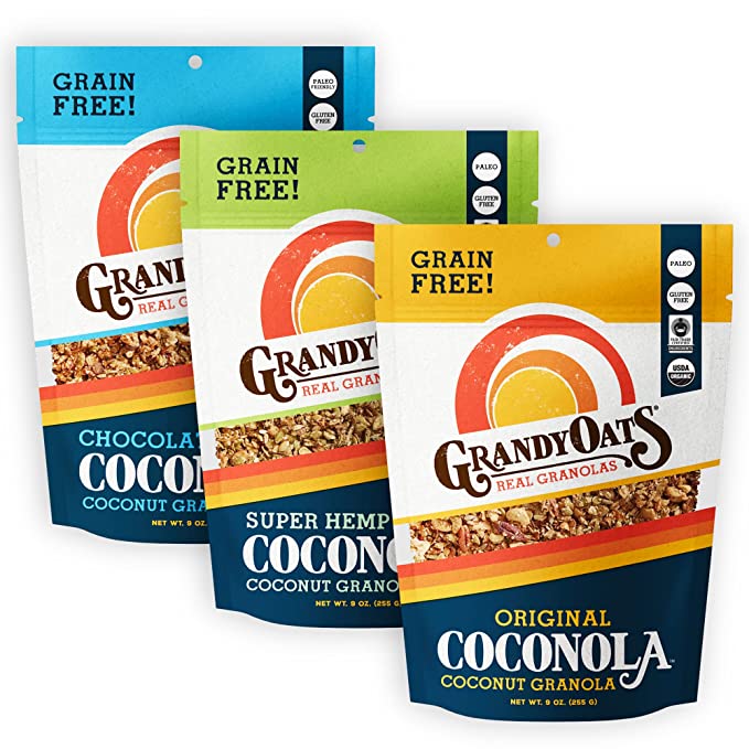  GrandyOats Organic Coconut Granola, Variety Pack Coconola - Gluten Free, Paleo Friendly, Grain Free, Low Carb, Low Sugar and Non-GMO, 9oz Bags, Bulk Pack of 3 - 648960377895