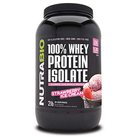 NutraBio 100% Whey Protein Isolate - Complete Amino Acid Profile - 25G of Protein Per Scoop - Soy and Gluten Free - Zero Fillers, Non-GMO, Protein Powder - Strawberry, 2 Pounds - 649908500214