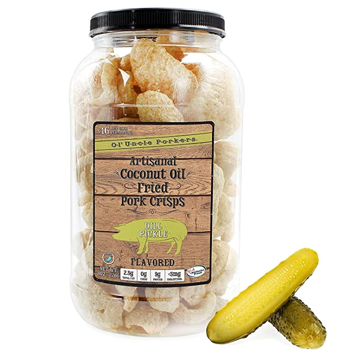 Keto-Friendly Pork Rinds (Dill Pickle Flavor, 8 Ounces), Pork Crisps Artisan Fried in Coconut Oil - 651174976402
