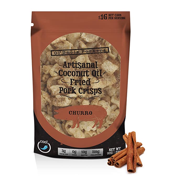  Keto-Friendly Churro Pork Rinds (Cinnamon Churro, 8oz Bag); Pork Crisps Fried in Coconut Oil, Zero Carb Snack - 651174978444