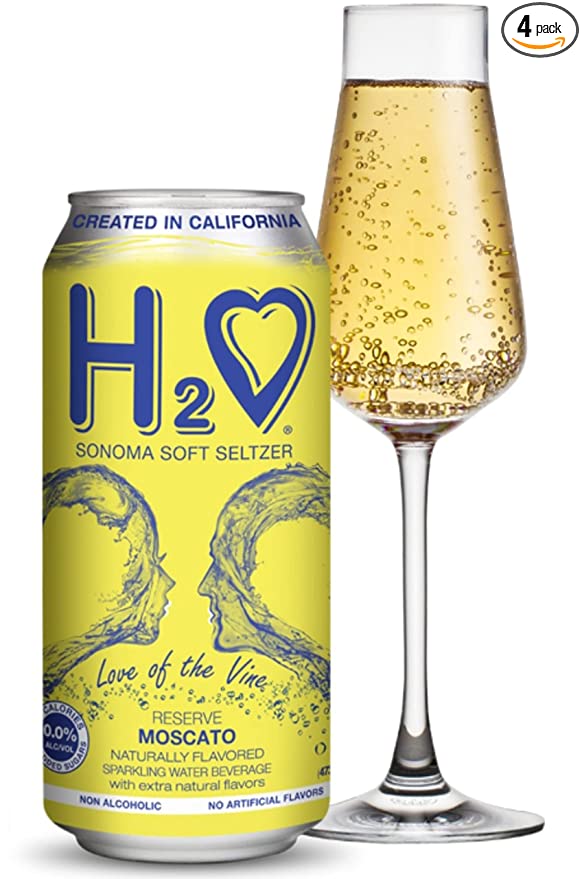  H2O (New Vintage!) The World’s First California Wine-Infused Sparkling Refreshment, 0.0% Non-Alcoholic, 16 Fl oz Can (Dry Moscato (sparkling), Pack of 24)  - 652261956284
