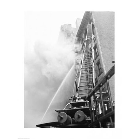 Fire engine with ladder up burning building -18 x 24- Poster Print - 652513309103