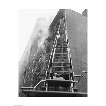 PVT-Superstock Fire engine with ladder up burning building -18 x 24 Poster Print - 652513310390