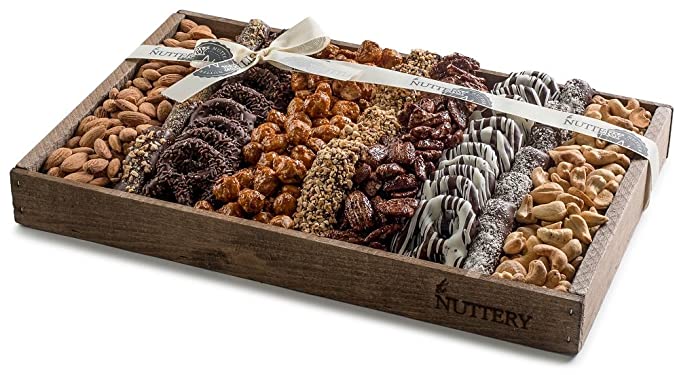 MEGA GIFT TRAY Dark Chocolates and Roasted Salted Sweet and Glazed Nuts Platter Displayed in a Reusable Medium Size Wooden Gift Tray Includes Fine Covered Chocolate Pretzels and Healthy Nuts Snacks. - 653590567929