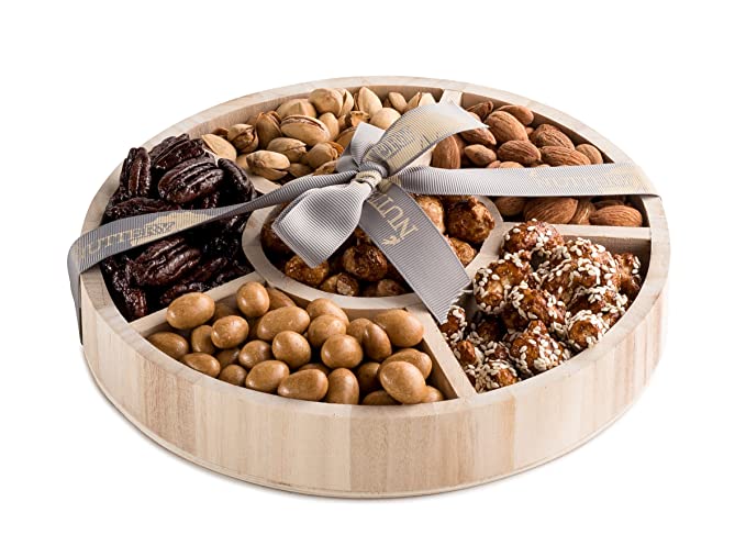 The Nuttery Classic Holiday Wooden 6 Section Round Nuts Gift Tray -Large - 653590568223