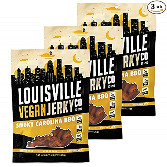 Louisville Vegan Jerky - Smoky Carolina BBQ, Vegetarian & Vegan-Friendly Jerky, 15 Grams of Non-GMO Soy Protein, 300 Calories Per Bag, Gluten-Free Ingredients (3 oz, 3-Pack) - 654114584835