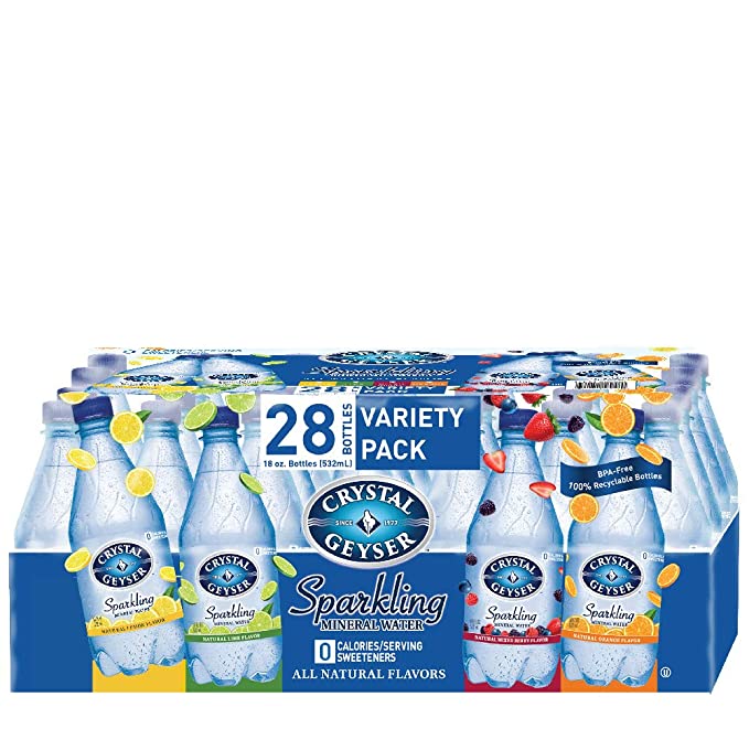 Crystal Geyser Variety Pack, 4 Flavors, Sparkling Spring Water PET Plastic Bottles, No Artificial Ingredients or Sweeteners, 18 Fl Oz (Pack of 28)  - 654871182480