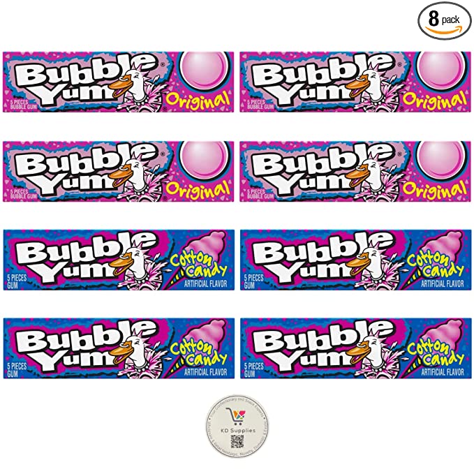  Bubble Yum Nostalgic Bubble Gum Bulk Variety (Pack of 8), Original & Cotton Candy (4 Sticks of Each)  - 655368085857
