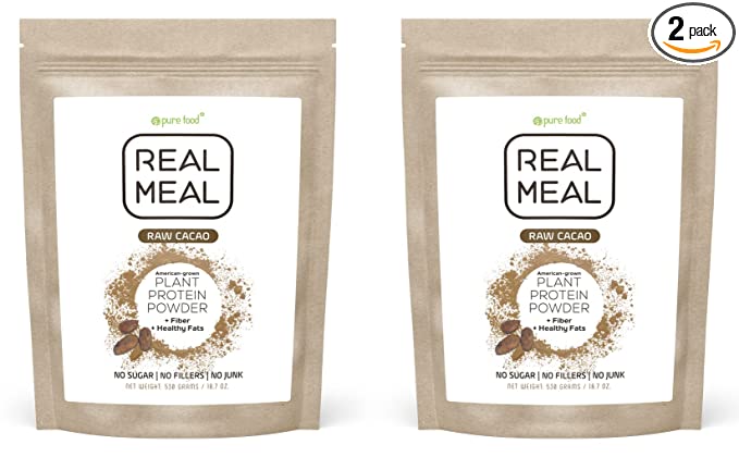 Pure Food Real Meal 2 Pack | Plant Based Protein Powder | Organic, Vegan, American-sourced Ingredients | No Sugar, Dairy, Gluten, Soy | Chocolate | (2) 530 Gram Pouches - 655469369238
