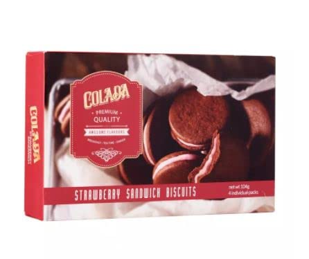 Colada Strawberry Sandwich Biscuit 104g - Smooth and rich Strawberry filling in between two round and bite size chocolate cookies - 655479151953