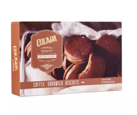 Colada Coffee Sandwich Biscuit 104g - Smooth and rich Coffee filling in between two round and bite size chocolate cookies. - 655479400327