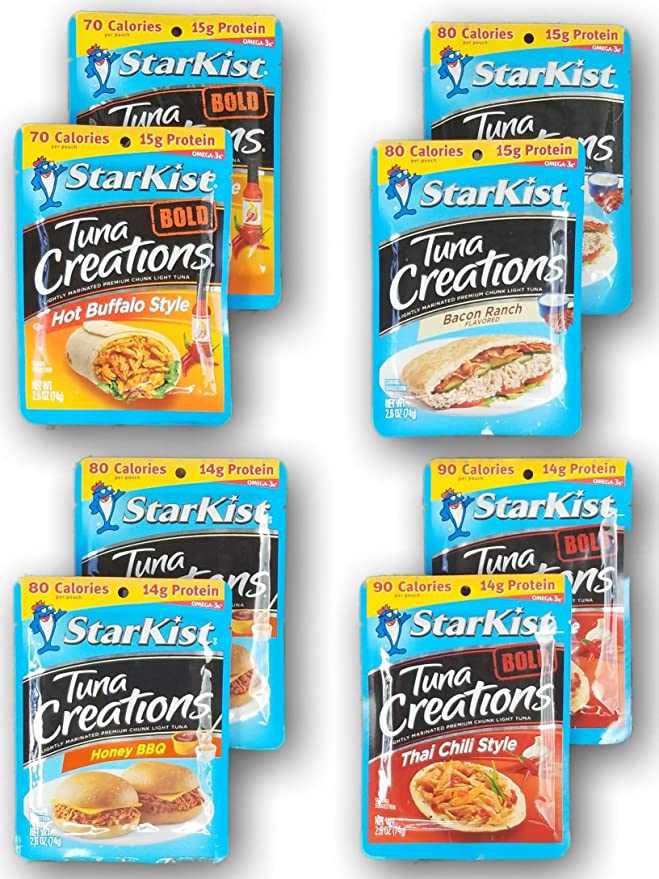  Starkist Tuna Creations Variety Pack of 8 Pouches delivered in a Resealable Container, Includes 4 Unique Flavors - (2) Hot Buffalo (2) Bacon Ranch (2) Honey BBQ (2) Thai Chili  - 656165787883