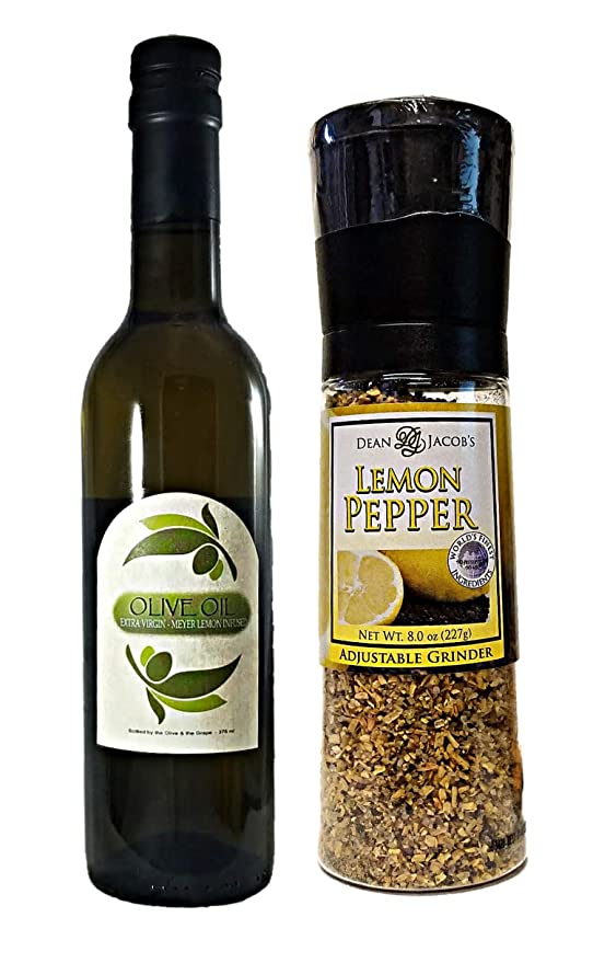 Meyer Lemon Infused Extra Virgin Olive Oil (375 ml bottle) and Dean Jacobs Lemon Pepper Seasoning in Large Grinder - 656857722222