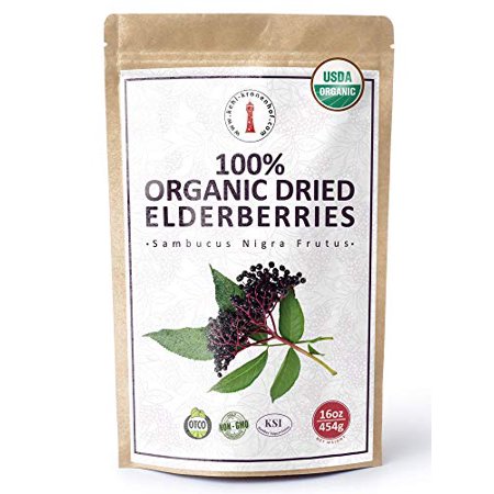 100% USDA Certified Organic Dried Elderberries - 1 lb Bulk European Whole Dry Black Elderberry - Wild Crafted, Raw, Non-irradiated, Kosher, Non-GMO, Vegan, Sambucus Nigra L. - Make Natural Tea / Syrup - 657725760001