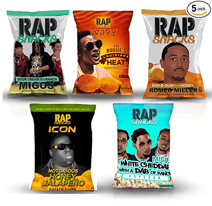  Rap Snacks potato chips variety pack-Lil Boosie, Notorious BIG, Migos, Romeo Miller, Migos Popcorn- 2.5 oz bags (Pack of 5) - 659499694193