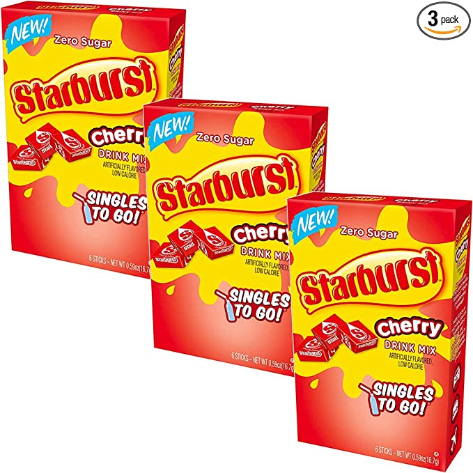  Starburst Singles To Go Zero Sugar Drink Mix, Cherry, 6 CT Per Box (Pack of 3), 0.59 Ounce  - 665609472988