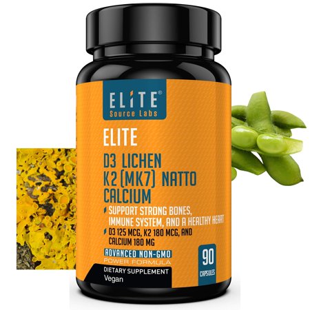 Elite Vegan Vitamin D3 5000 IU K2 MK7 180 Mcg and Calcium Citrate 180 Mg. Potent Vitamin D & K Calcium for Stronger Bone Density Immune Muscle Dental Heart Health Non-GMO 90 Capsu - 669393984818