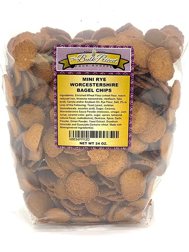  Mini Rye Worcestershire Bagel Chips, Bulk Size, (1.5 lb. Resealable Zip Lock Stand Up Bag) - 672975266486