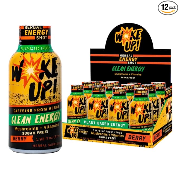 Woke Up! Plant-Based Energy Shot, 1.93oz (12 Pack) - Sugar-Free, Balanced & Clean Energy Drinks - Prime Energy Drink with Vitamin B12 & Yerba Mate - Natural Caffeine Shots from Herbs - Berry Flavor - 673143608206