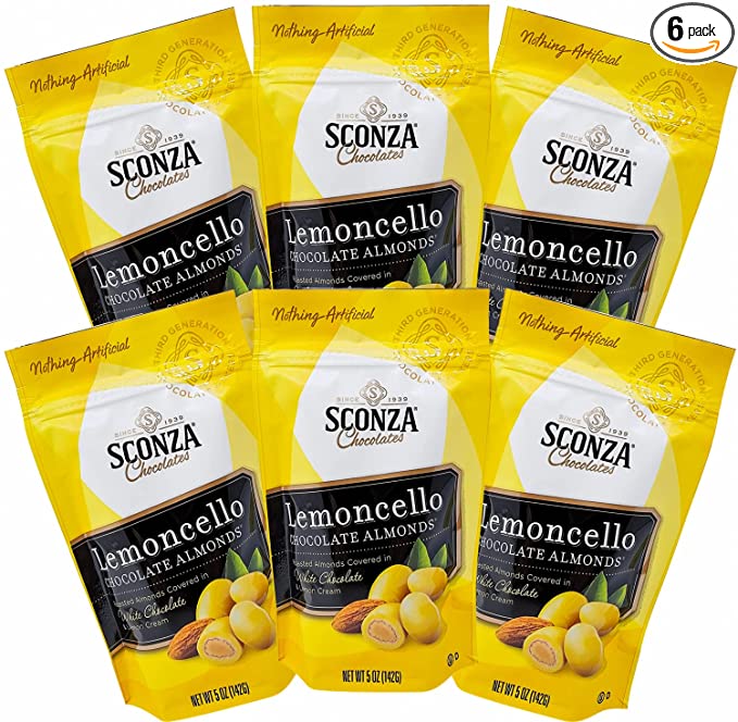  Lemoncello Chocolate Covered Almonds - By Sconza - Roasted Almond Covered in White Chocolate and Lemon Creme Candy | 6 Pack of 5 Oz Bags | Gift Snack  - 676307832837