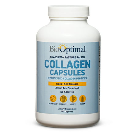 BioOptimal Collagen Pills - Collagen Supplements 180 Capsules Benefits Skin Hair Nails & Joints Unisex Adult Grass Fed Non-GMO - 680140558663