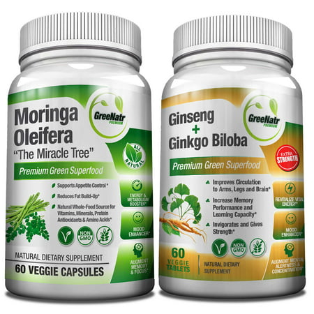 GreeNatr Focus Plus Energy Bundle Panax Ginseng & Ginkgo Biloba Tablets + Moringa Oleifera Capsules - 680474381609