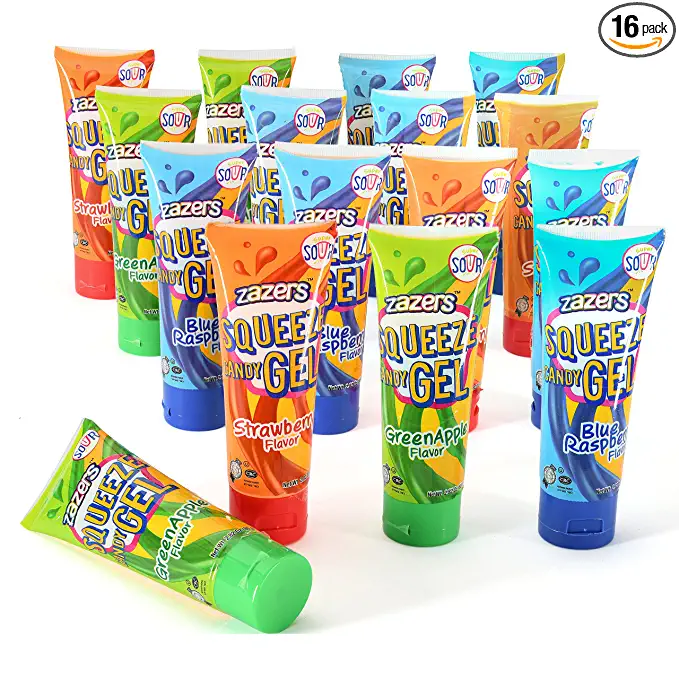  Liquid Sour Candy Squeeze Gel Candies Assorted Flavors, Blue Raspberry, Strawberry, Green Apple, Kosher Novelty Candy, 2.82 OZ each Bulk Candy Pack of 16  - 682063029770