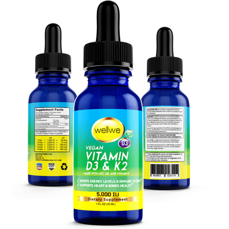 WELLWE Liquid Vitamin D3 K2 Drops with MCT Oil 5000 IU - Vegan Unflavored (1 Bottle) - 682863023114