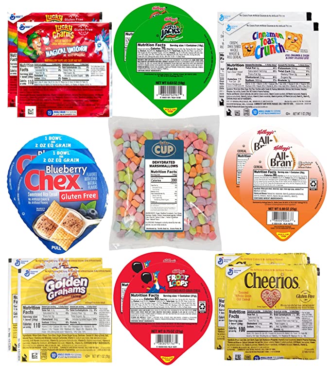Kellogg's & General Mills Cereal Bowl Variety - Cinnamon Toast, Apple Jacks, Golden Grahams, Lucky Charms + 1 Bag of Cereal Marshmallows - 684191141560