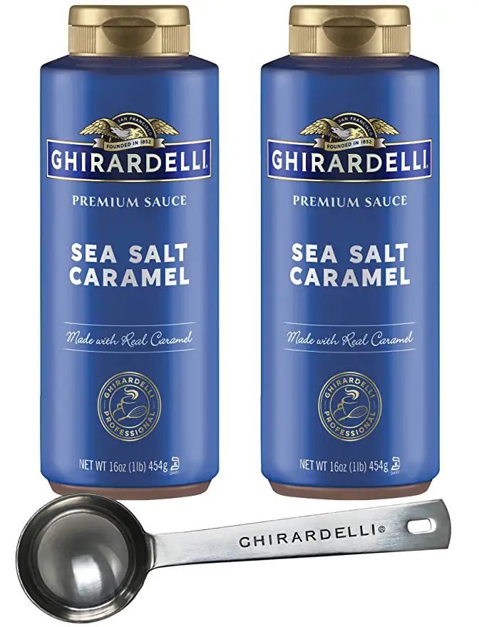  Ghirardelli Sea Salt Caramel Premium Sauce 16 oz Squeeze Bottle (Pack of 2) with Ghirardelli Stamped Barista Spoon  - 684191143045