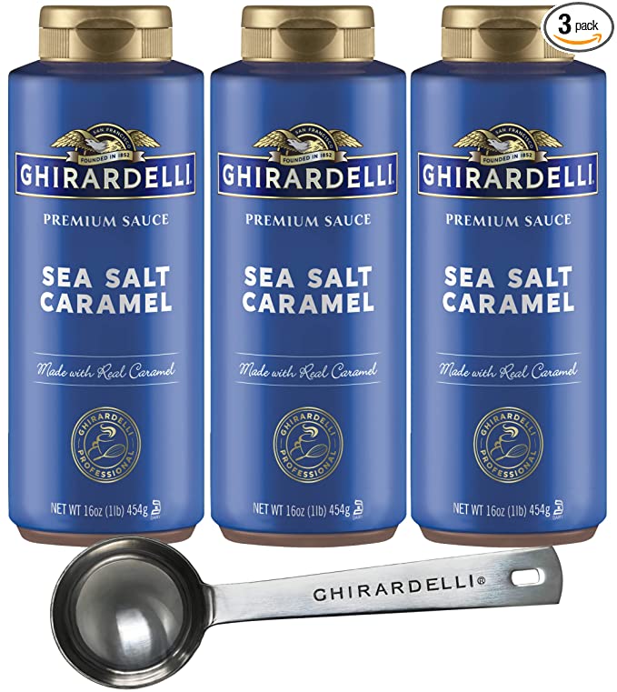  3 Pack - Ghirardelli - Sea Salt Caramel Flavored Sauce - 16 oz Squeeze Bottle with Ghirardelli Stamped Barista Spoon  - 684191144769