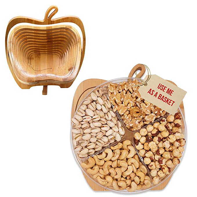  Nuts and Dried Fruit Gourmet Fresh Assortment Tray, Turns into Basket,Family-Birthday Parties, Thanksgiving &Christmas, Fathers & Mothers Day (Natural, 4 Cell Nuts)  - 684630656600