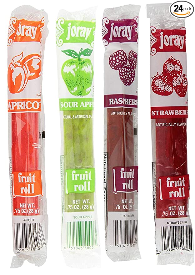  Joray Fruit Roll Variety Pack! Apricot, Strawberry, Raspberry, Sour Apple.75 Oz Fruit Leather (Total of 24 Fruit Leathers) - 685987075441
