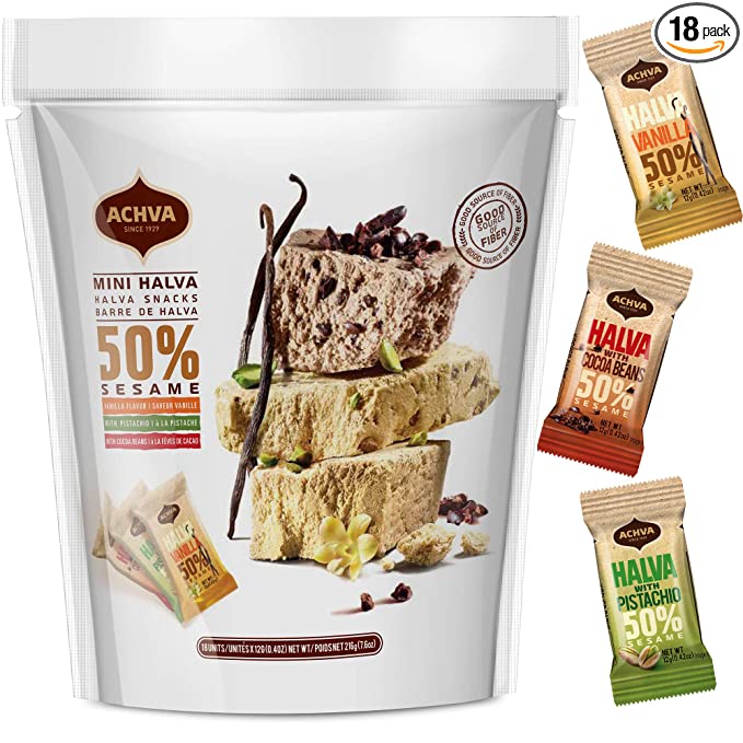  Halva Tahini Bar Mini Snacks – Assortment of 18 Snack-Sized Halvah Pistachio, Vanilla, and Cocoa Bean Israeli Snacks – Vegan, Kosher Snacks with No Gluten or Lactose by Achva, 12 g. Each  - 685987086577