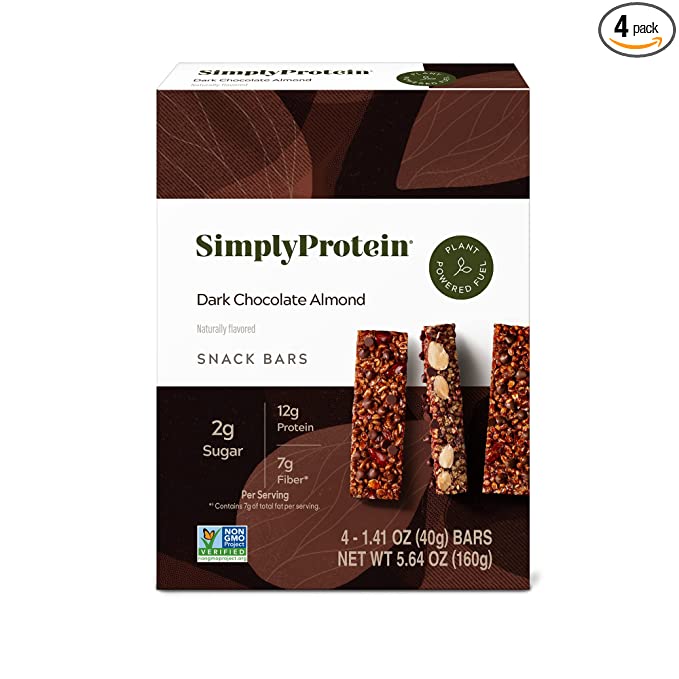  SimplyProtein Vegan Protein Bars - Dark Chocolate Almond Plant-Based Bar, 12g of Protein, 2g of Sugar, Gluten Free, Dairy Free, Non-GMO Project Verified, Light & Crispy Texture, (4 Bars)  - 686207409138