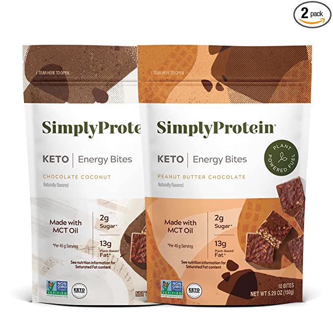 SimplyProtein Keto Bites – Variety Pack Peanut Butter Chocolate and Chocolate Coconut Variety Pack, Low Carb, Vegan, High Protein Energy Bites, Plant-Based, Gluten Free, Rich in Fiber, Non-GMO Project Verified, 2g of Sugar, Contains Coconut MCT Oil - (Pa - 686207809082
