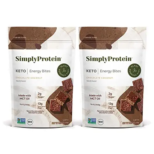SimplyProtein Keto Bites - Chocolate Coconut, Low Carb, Vegan, High Protein Energy Bites, Plant-Based, Gluten Free, Rich in Fiber, Non-GMO Project Verified, 2g of Sugar, Contain Coconut MCT Oil – (Pack of 2) 5.29 oz Bags - 686207809105