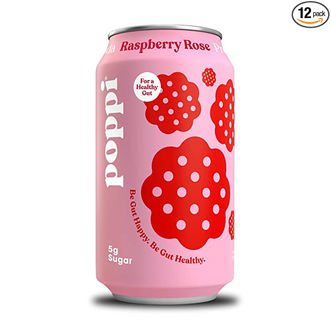  POPPI Sparkling Prebiotic Raspberry Rose Soda w/ Gut Health & Immunity Benefits, Beverages made with Apple Cider Vinegar, Seltzer Water & Fruit Juice, Low Calorie & Low Sugar Drinks, 12oz (12 Pack)  - 686603351758