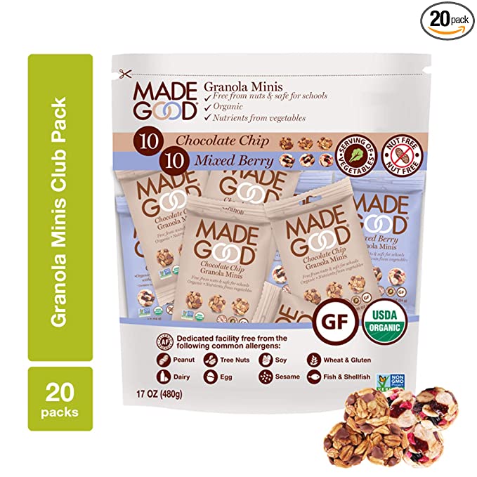  MadeGood Granola Minis Club Pack (20 ct, 0.85 oz. each); 10 Bags Chocolate Chip and 10 Bags Mixed Berry Granola Minis; Vegan, Gluten-Free, Allergy-Friendly, Organic, Non-GMO Snacks - 687456225067