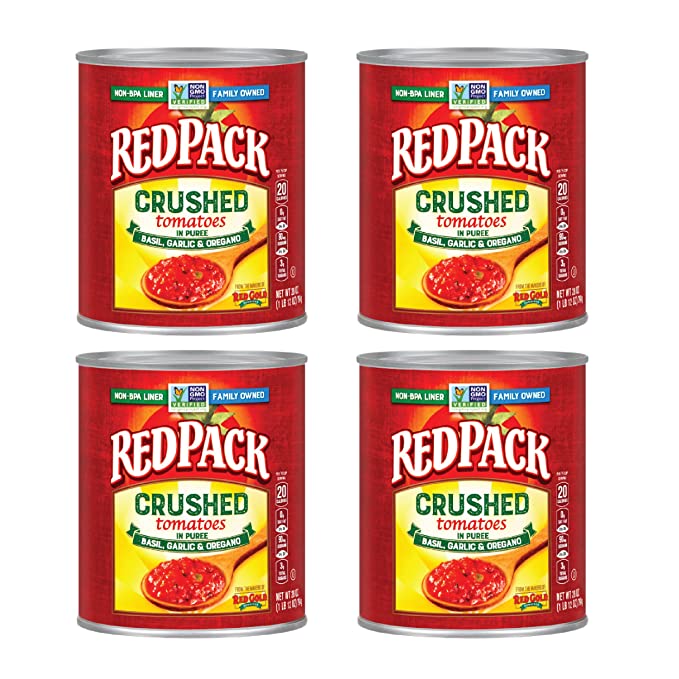 Redpack Crushed Tomatoes in Puree with Basil, Garlic, and Oregano, Kosher and Gluten Free, 28 Ounce Cans, 4-Pack - 688099529963