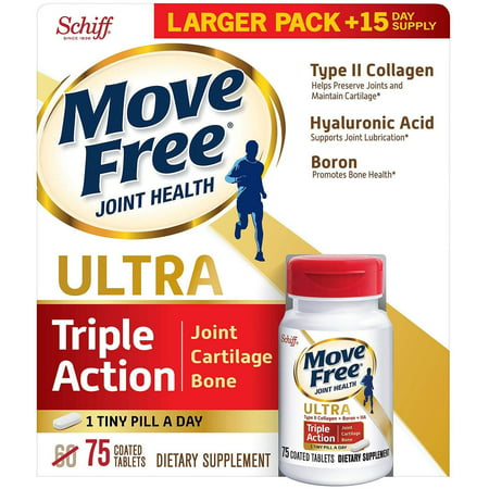 Move Free Ultra Triple Action Joint Supplement with Type II Collagen Hyaluronic Acid and Boron for Joint Cartilage and Bone Support (75 Tablets) - 688625396069