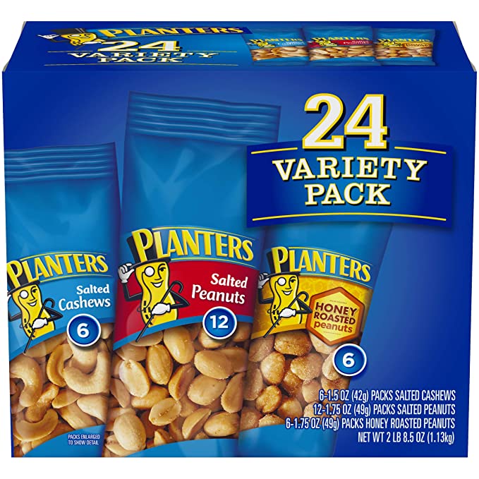  PLANTERS Variety Packs (Salted Cashews, Salted Peanuts & Honey Roasted Peanuts), 24 Packs - Individual Bags of On-the-Go Nut Snacks - No Cholesterol or Trans Fats - Source of Fiber and Healthy Fats  - 029000072220