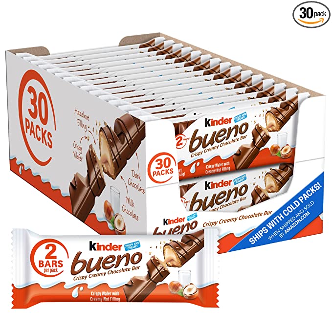  Kinder Bueno Milk Chocolate and Hazelnut Cream Candy Bar, 30 Packs, 2 Individually Wrapped 1.5 oz Bars Per Pack - 009800552023