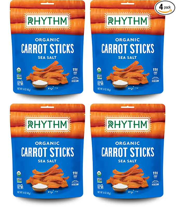  Rhythm Superfoods Crunchy Carrot Sticks, Sea Salt, Organic and Non-GMO, Vegan/Gluten-Free Superfood Snacks, 1.4 Ounce (Pack of 4) - 689528552637