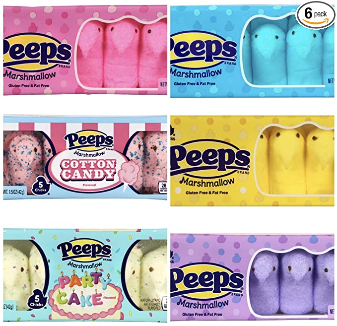  Peeps Marshmellow Variety Pack of 6 - Yellow, Pink, Purple, Blue, Party Cake, & Cotton Candy  - 689859879908