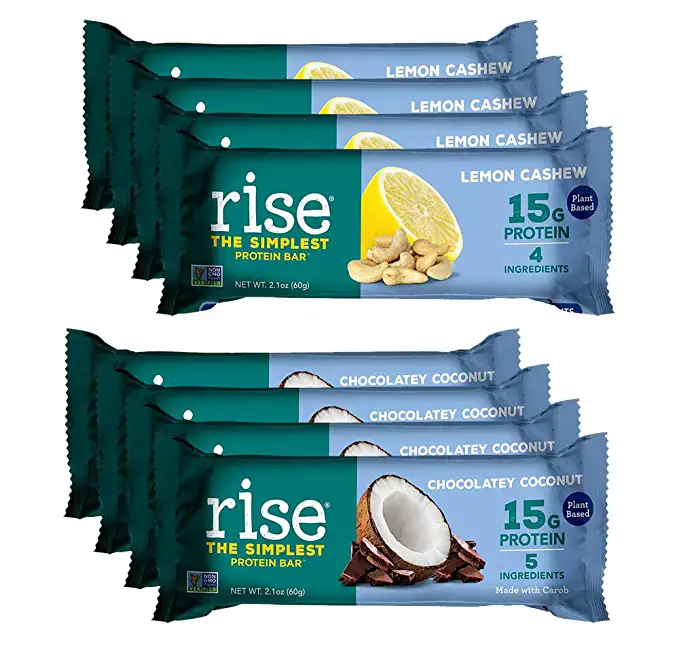 Rise Non-GMO, Gluten Free, Soy Free, Real Whole Food, Plant Based Protein Bar, No Added Sugar, High Protein with Fiber, Potassium, Vitamins & Nutrients 2.1oz (Lemon Cashew, Chocolatey Coconut) 8 Pack - 690819882487